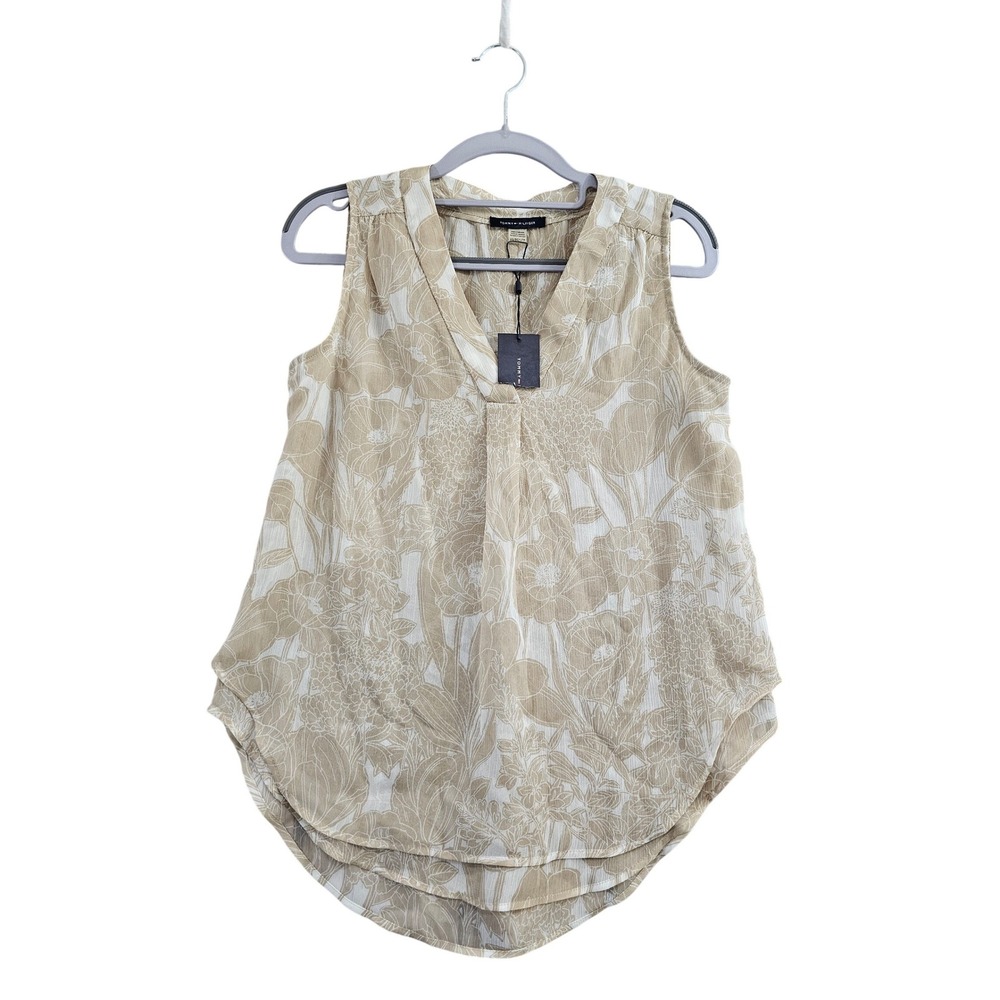 Tommy Hilfiger Womens Floral Sleeveless V-Neck Blouse Tan White H72TY68Y XS‎